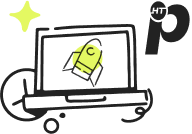 Icono de laptop con un cohete